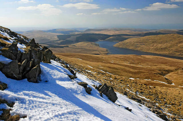 View on top of Cambrian Mountains with snow on top