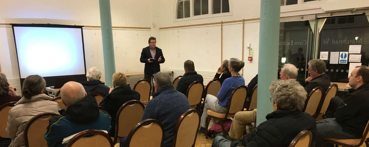 Digital community meeting in the Corn Exchange Hall in Cardigan